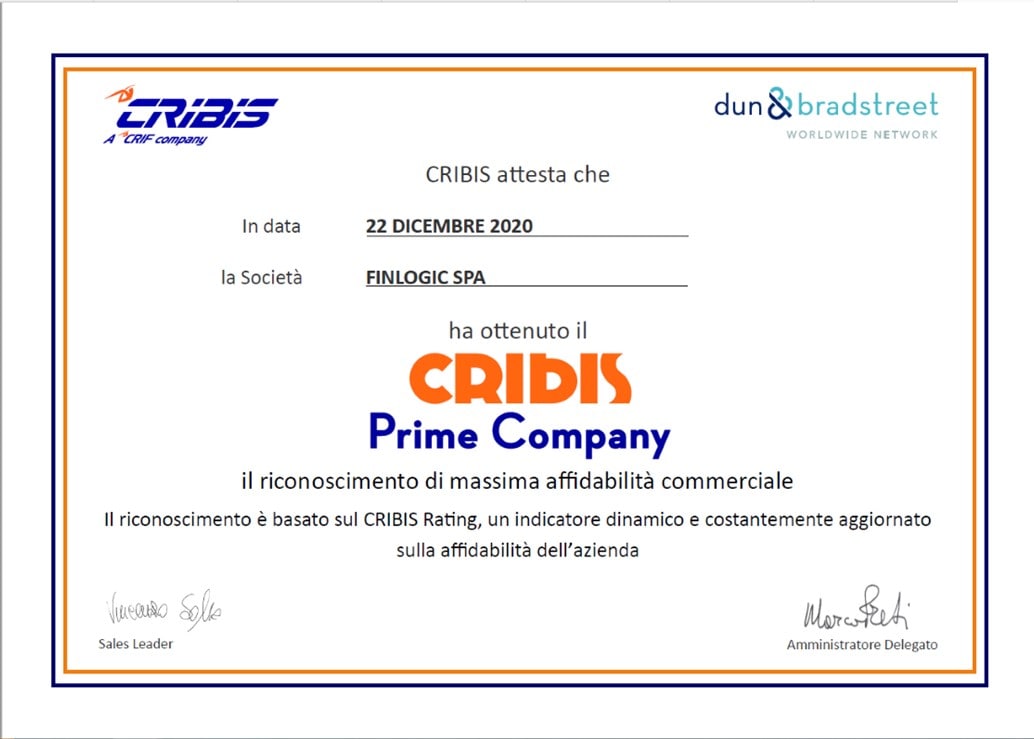 FINLOGIC SI AGGIUDICA IL CRIBIS PRIME COMPANY FINLOGIC SI AGGIUDICA IL CRIBIS PRIME COMPANY